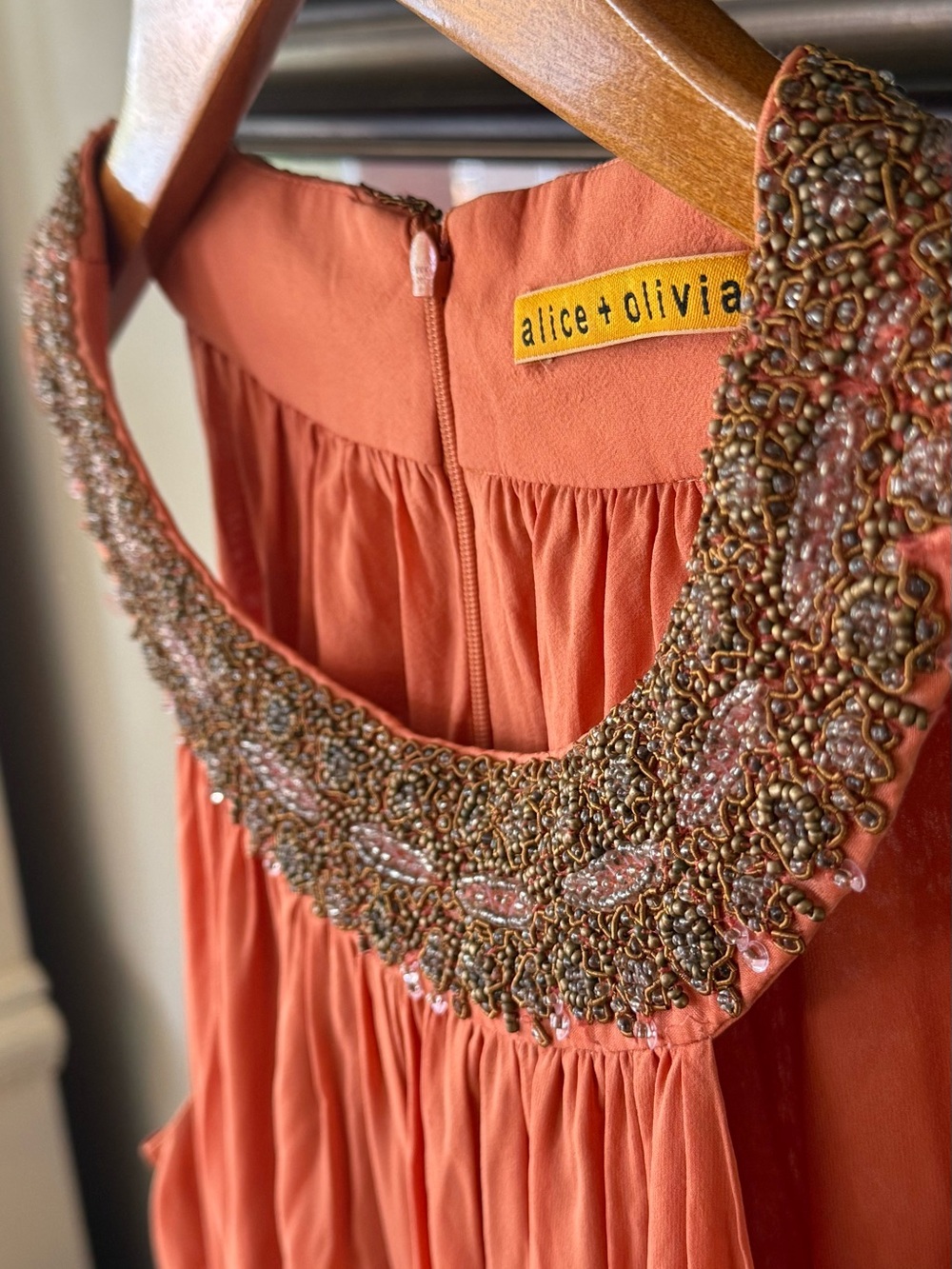 Alice + Olivia Coral Halter Maxi Dress with Metallic Trim